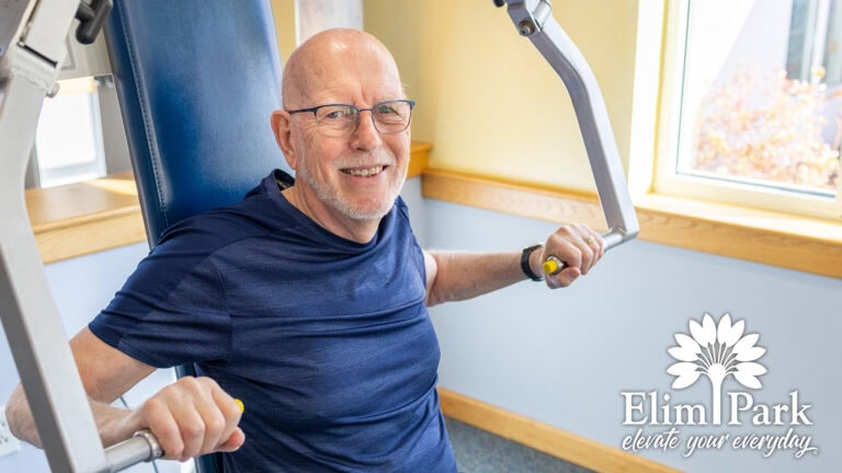 Elim Park resident Clay staying active in the fitness center at Elim Park.